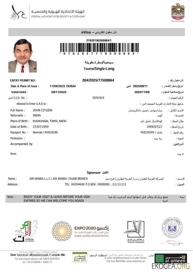 Modèle de visa électronique des Émirats arabes unis aux formats Word et PDF, version 4